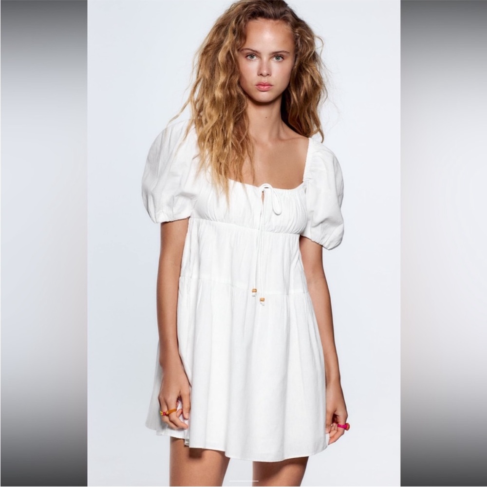 ZARA LINEN TIERED DRESS WHITE MINI POUF SLEEVE WITH TIES
